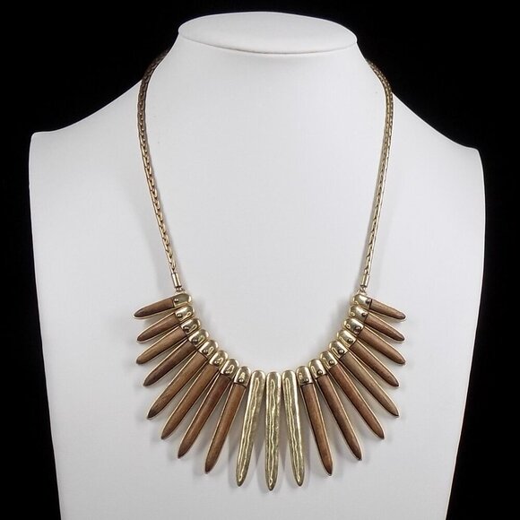 Lucky Brand Necklace Wood Brass Tribal Collar Statement Rustic 15" 1.5" extender - Picture 1 of 9